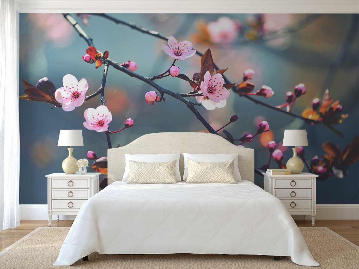 Ontdek fotobehang bloemen met roze bloesemtakken voor een rustgevende sfeer in je slaapkamer. Op maat gemaakt en eenvoudig te plakken.