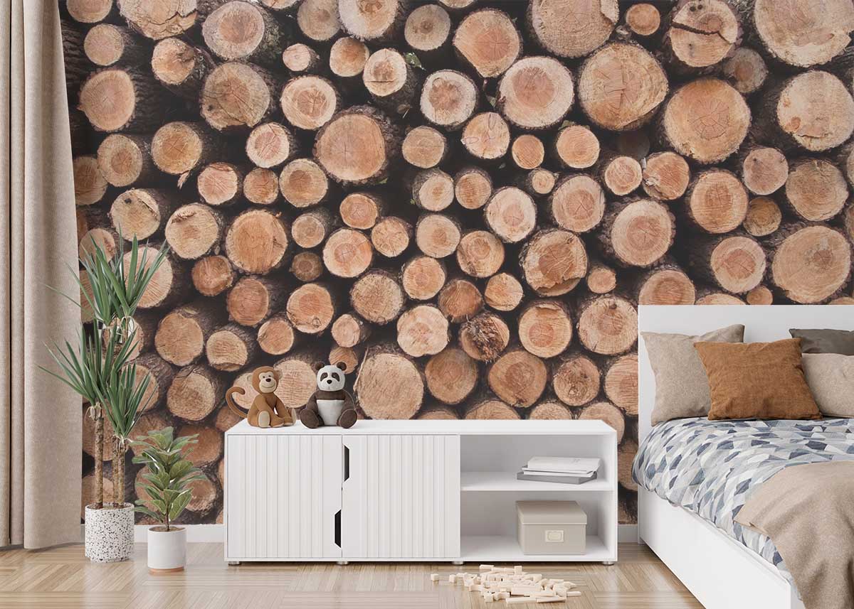 Fotobehang natuur elementen met houten boomstammen – warm en natuurlijk muurdecoratie op maat voor slaapkamer of woonkamer