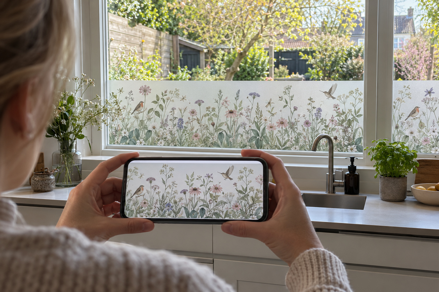 Horizontale bedrukte raamfolie ontwerpen met AI op je telefoon Iemand houdt een telefoon horizontaal vast met een bloemen- en vogelontwerp dat ook op de bedrukte raamfolie van het keukenraam staat.