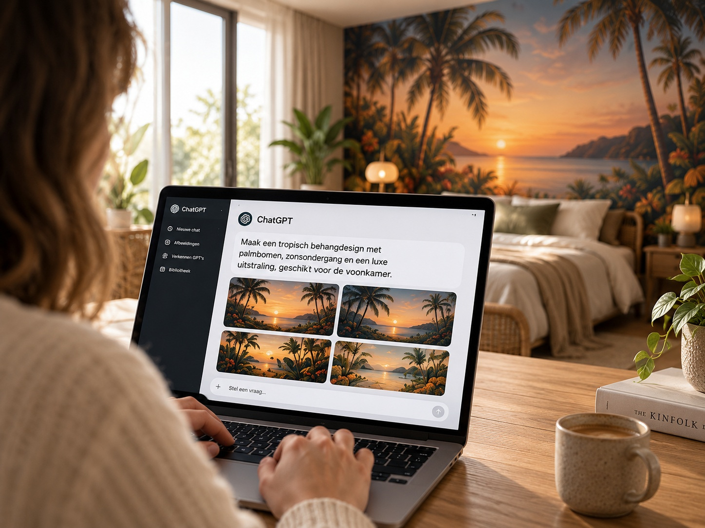 Zelf tropisch fotobehang ontwerpen met ChatGPT Laptop met een tropisch ontwerp in ChatGPT, voor een slaapkamerwand met palmbomen en een zonsondergang.