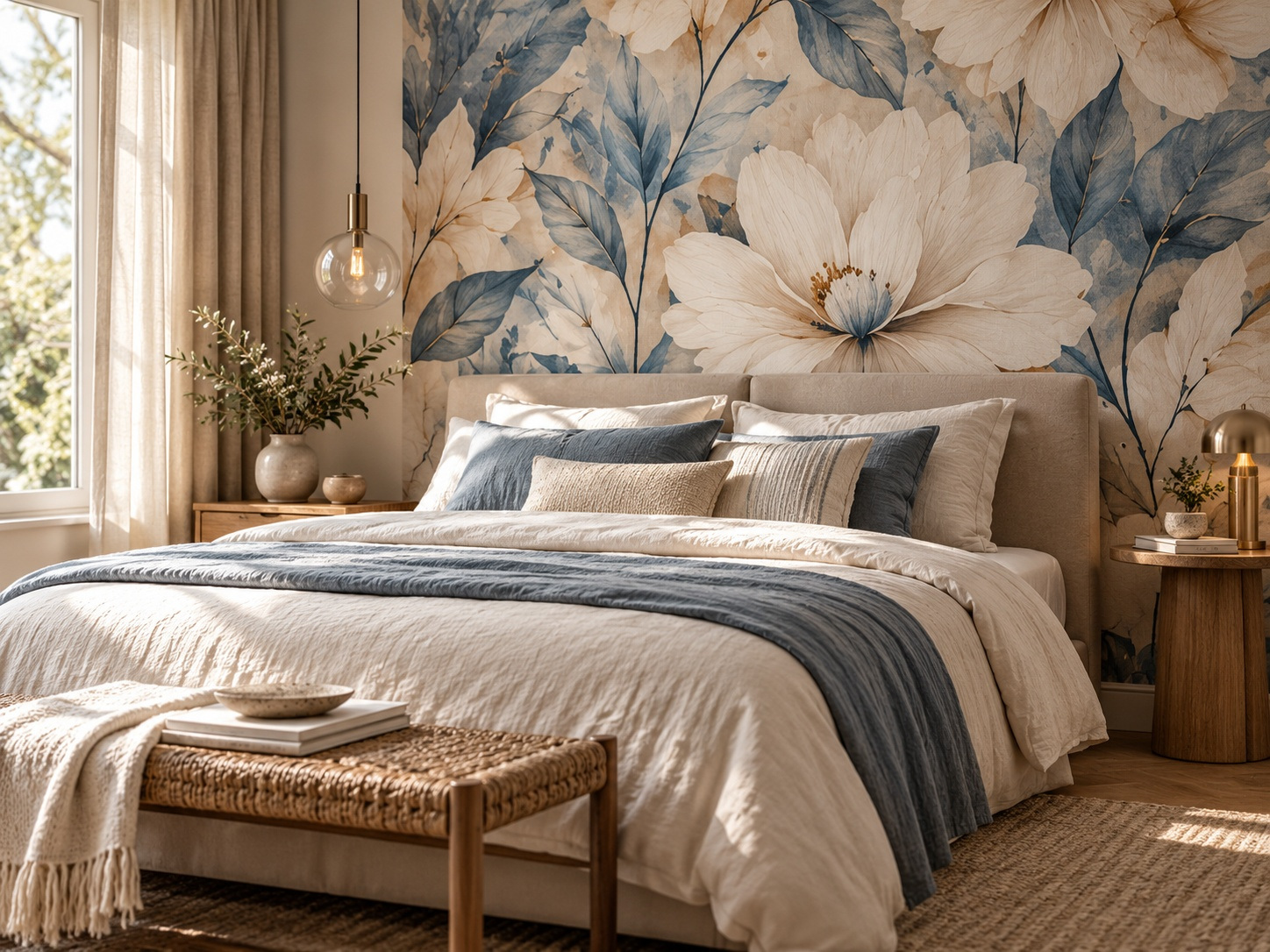 Bloemenfotobehang van een eigen AI-ontwerp Slaapkamer met grote witte bloemen en blauwgrijze bladeren als fotobehang achter het bed.