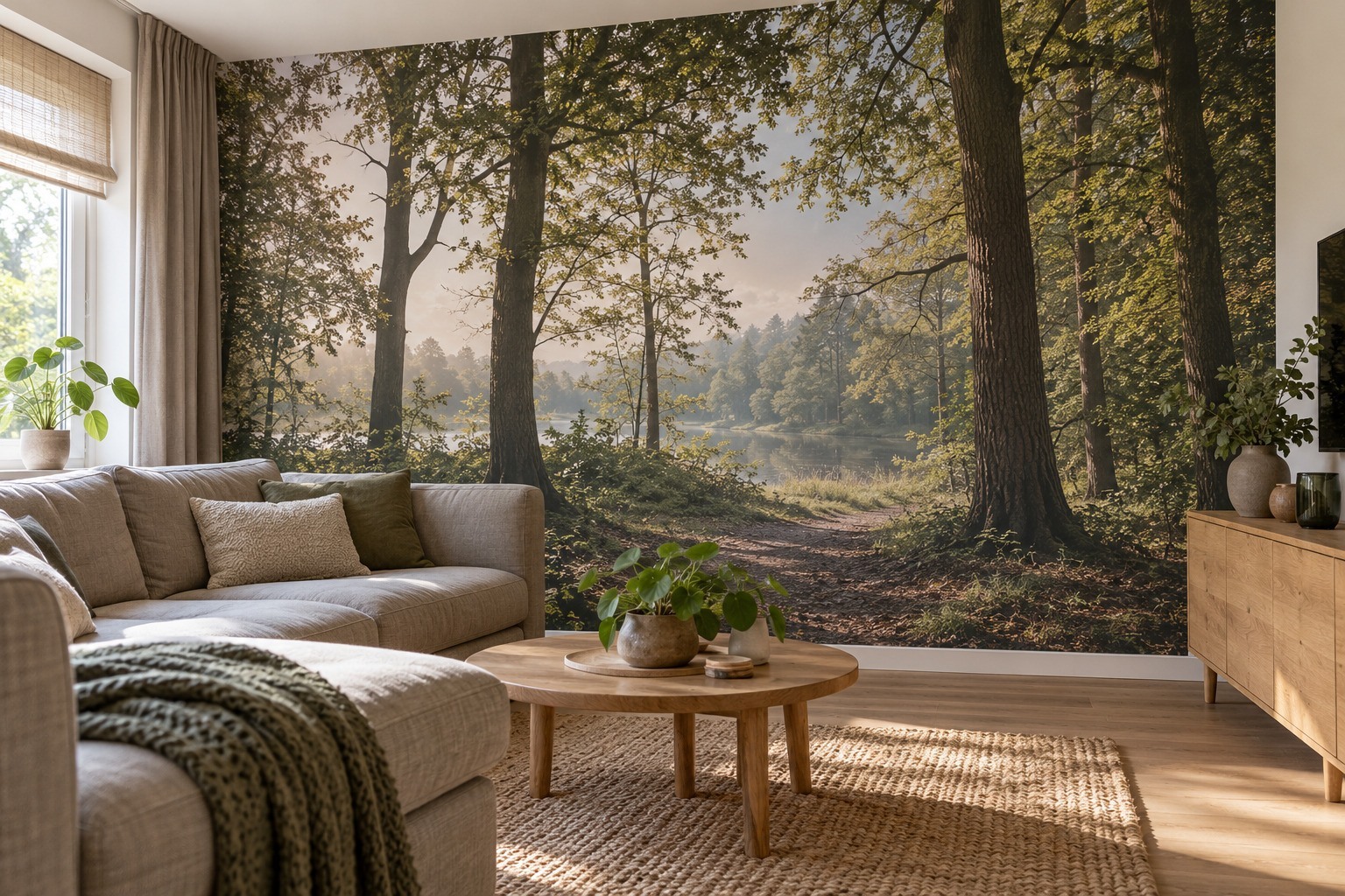 Sfeerimpressie van fotobehang met een groen boslandschap dat de woonkamer een rustige, natuurlijke uitstraling geeft.