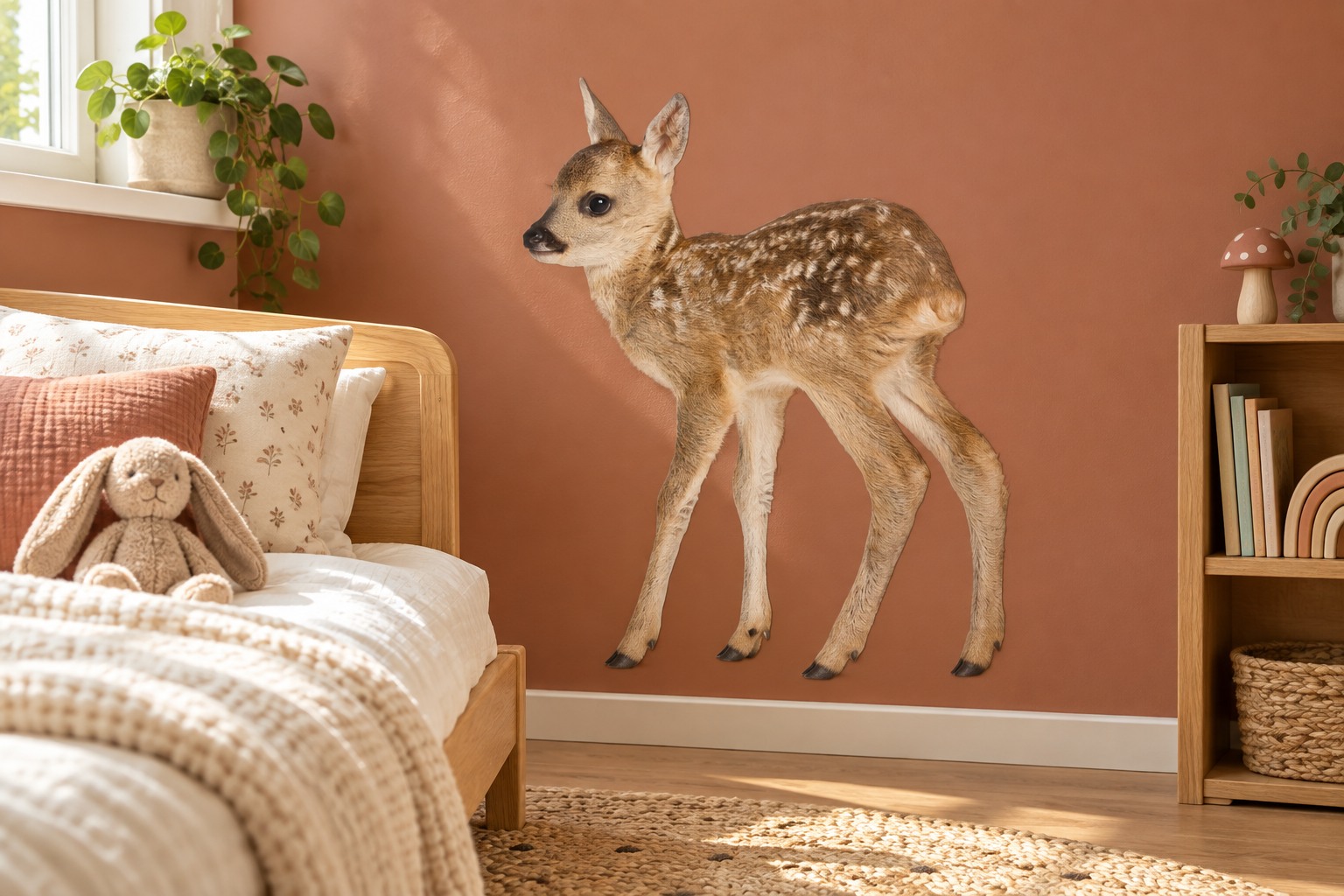 Sfeerimpressie van de muursticker staand hertje uit de webshop, contourgesneden op een warme terracottakleurige kinderkamermuur.