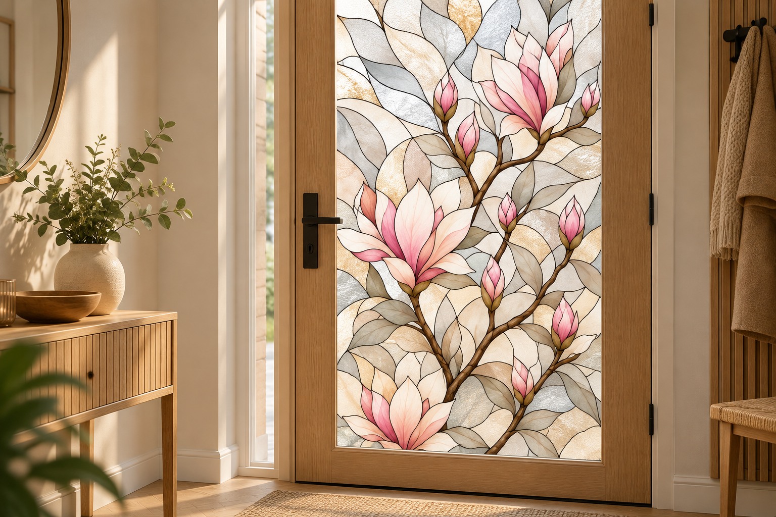 Sfeerimpressie van bedrukte raamfolie met roze magnolia's in glas-in-loodstijl, volledig aangebracht op het glas van een voordeur.