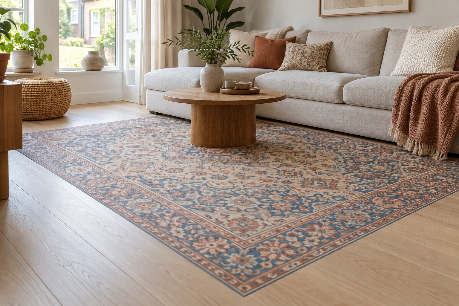 Sfeerimpressie van een vloerkleedsticker met klassiek patroon als decoratief accent op de vloer van een woonkamer.