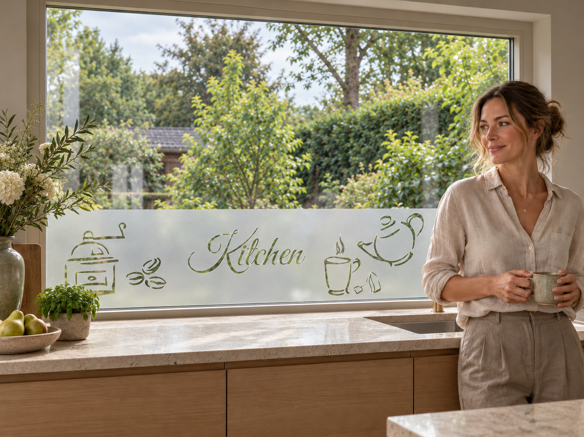 Raamfolie Kitchen onderaan het keukenraam met uitgesneden koffiemolen, tekst en theepot, subtiele glasglans en een vrouw naast het aanrecht.