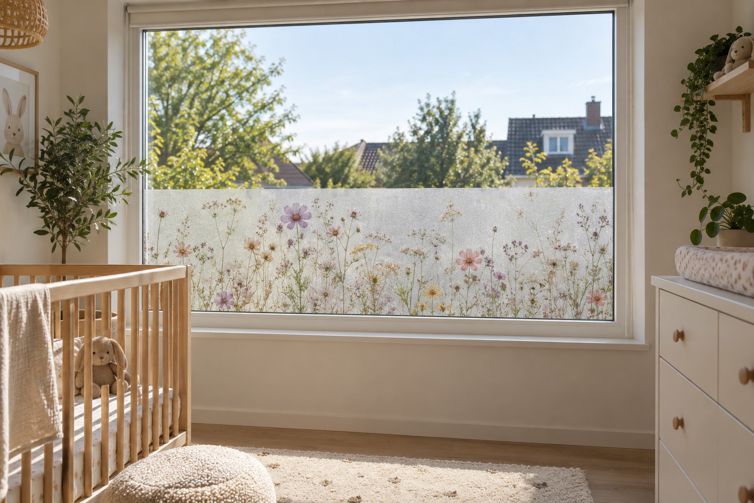 Textiel raamfolie op maat voor de babykamer Bedrukte textiel raamfolie als strook van circa 60 cm hoog onderaan een babykamerraam