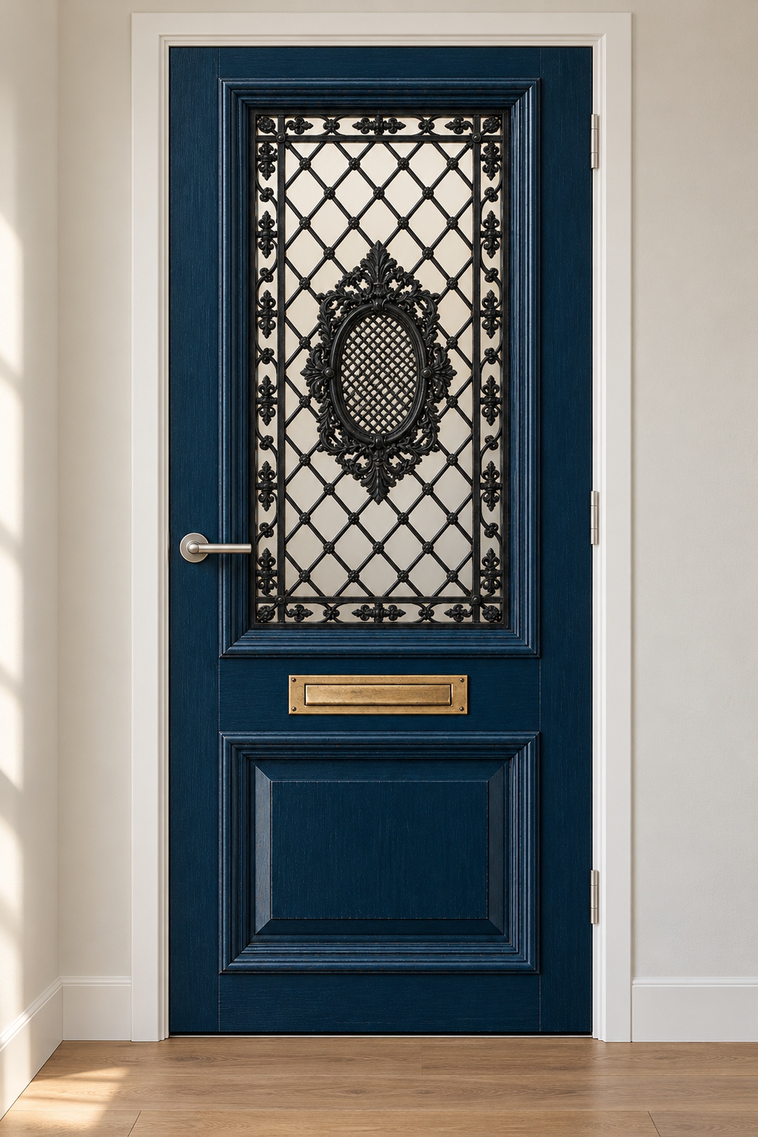 Blauwe vintage XL deursticker met sierrooster op een binnendeur in een wit kozijn met echte zilverkleurige klink