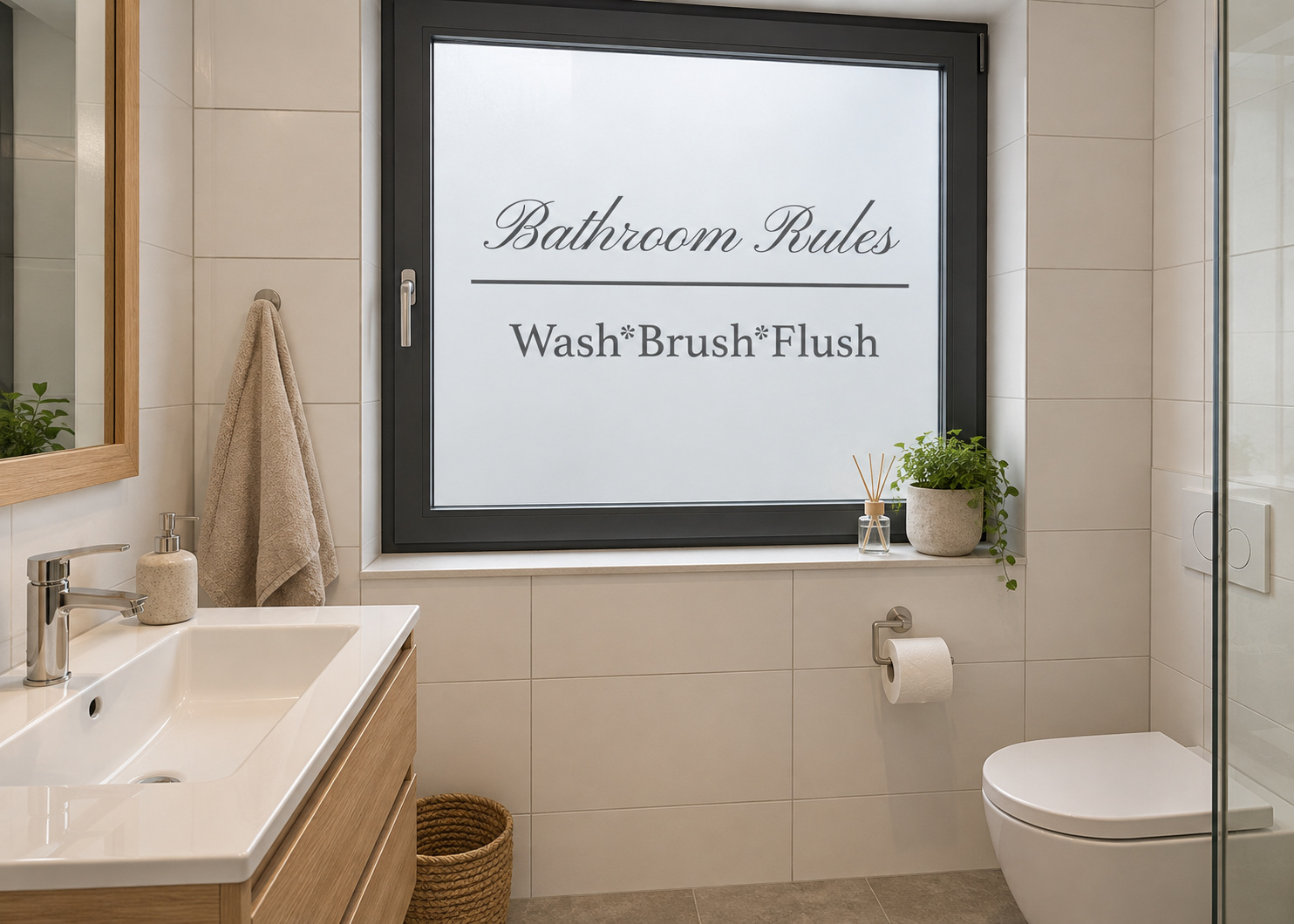 Bedrukte matglasfolie Bathroom Rules op een badkamerraam.