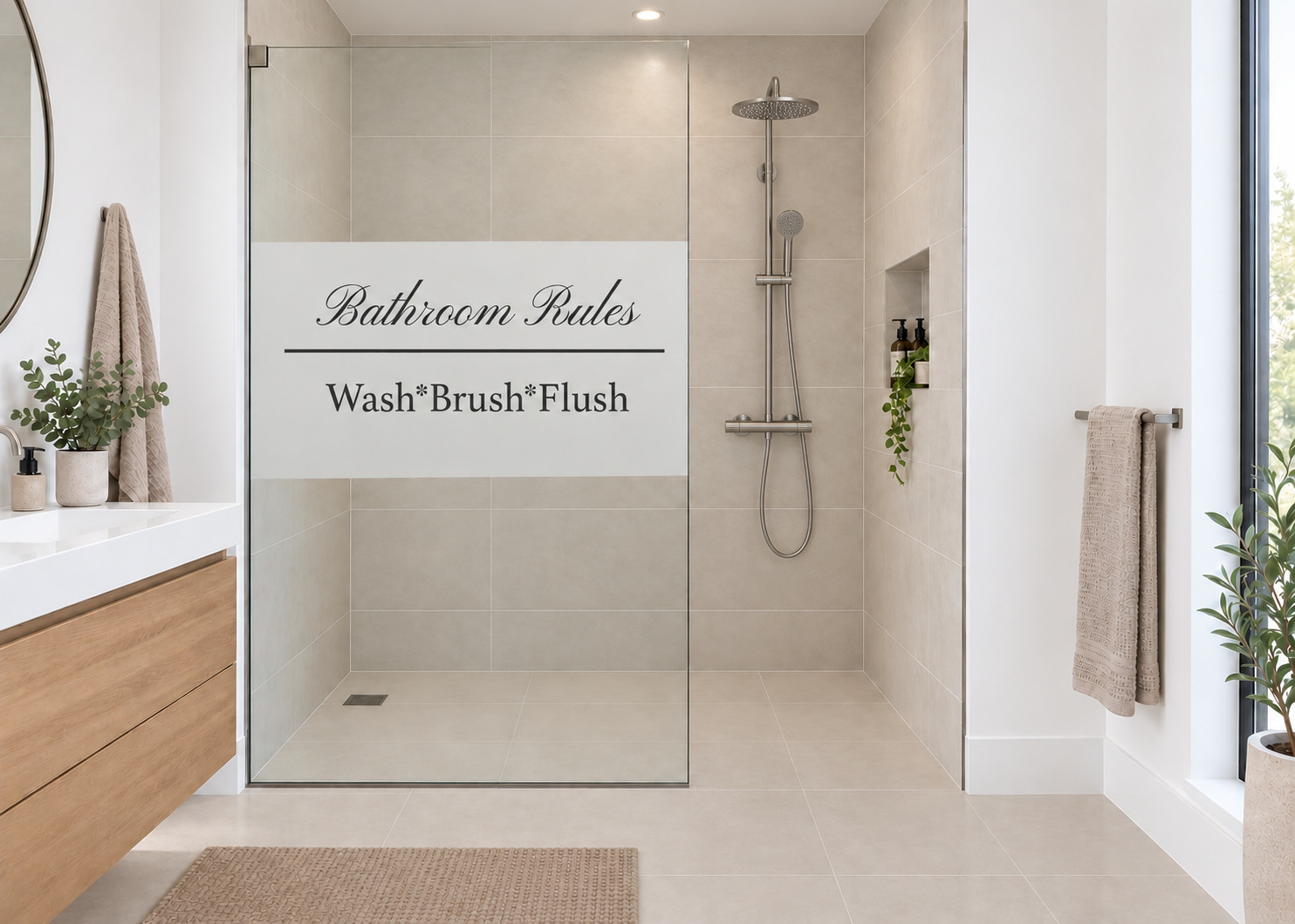 Bedrukte matglasfolie Bathroom Rules op doucheglas met vrije instap.