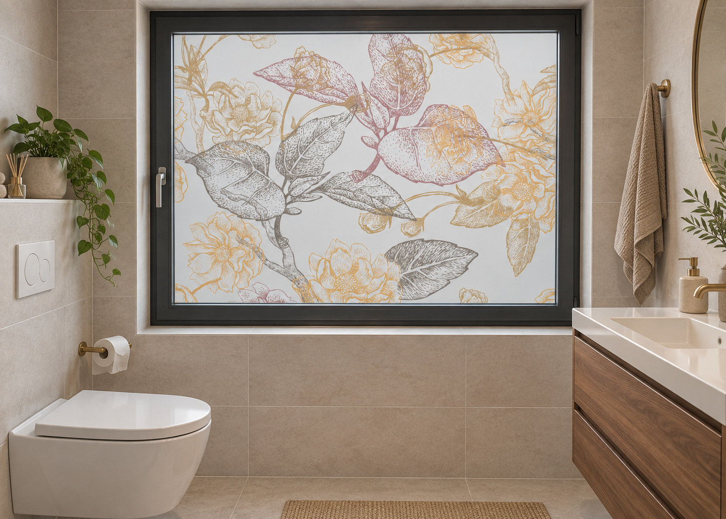 Bedrukte matglasfolie Bloemen design op een badkamerraam.