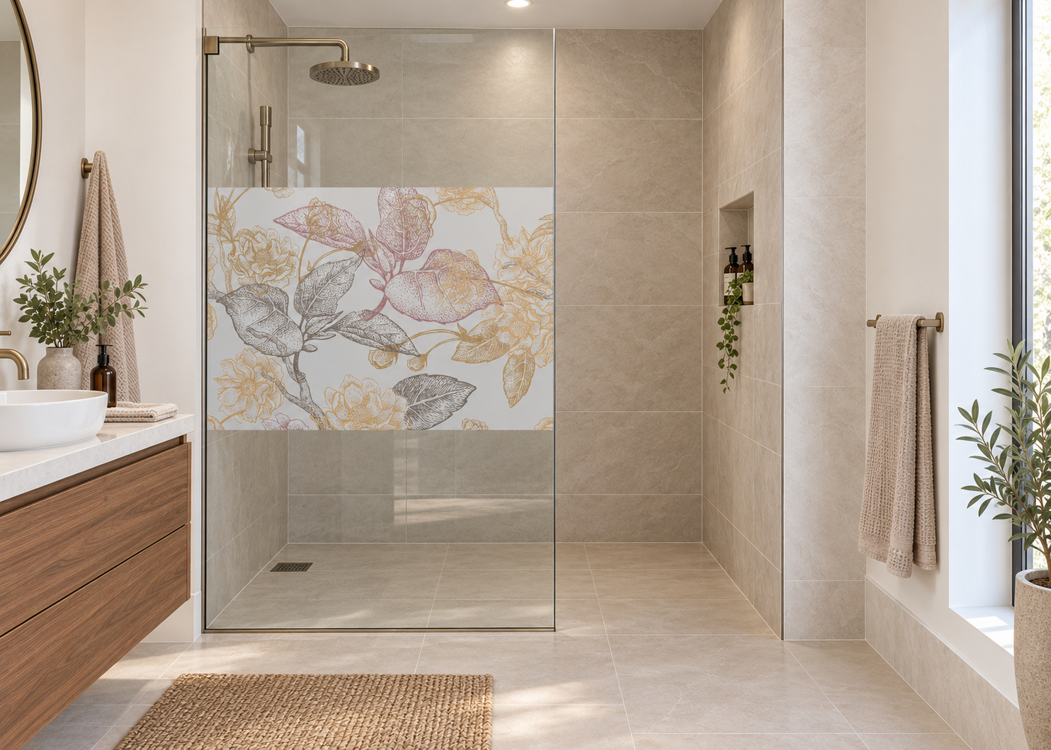 Bedrukte matglasfolie Bloemen design op doucheglas met vrije instap.