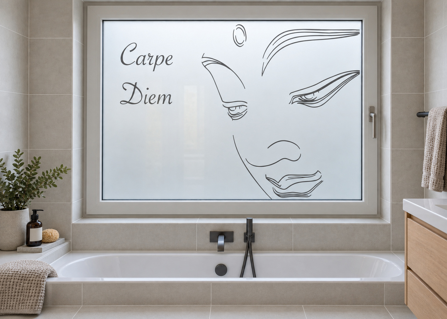 Bedrukte matglasfolie Boeddha Carpe Diem op een badkamerraam.