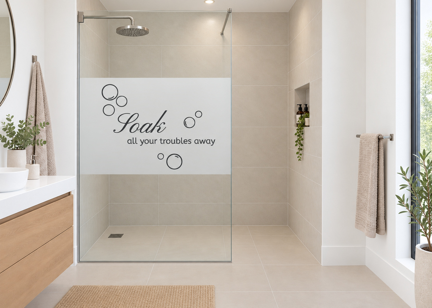 Bedrukte matglasfolie Soak all your troubles away op doucheglas met vrije instap.