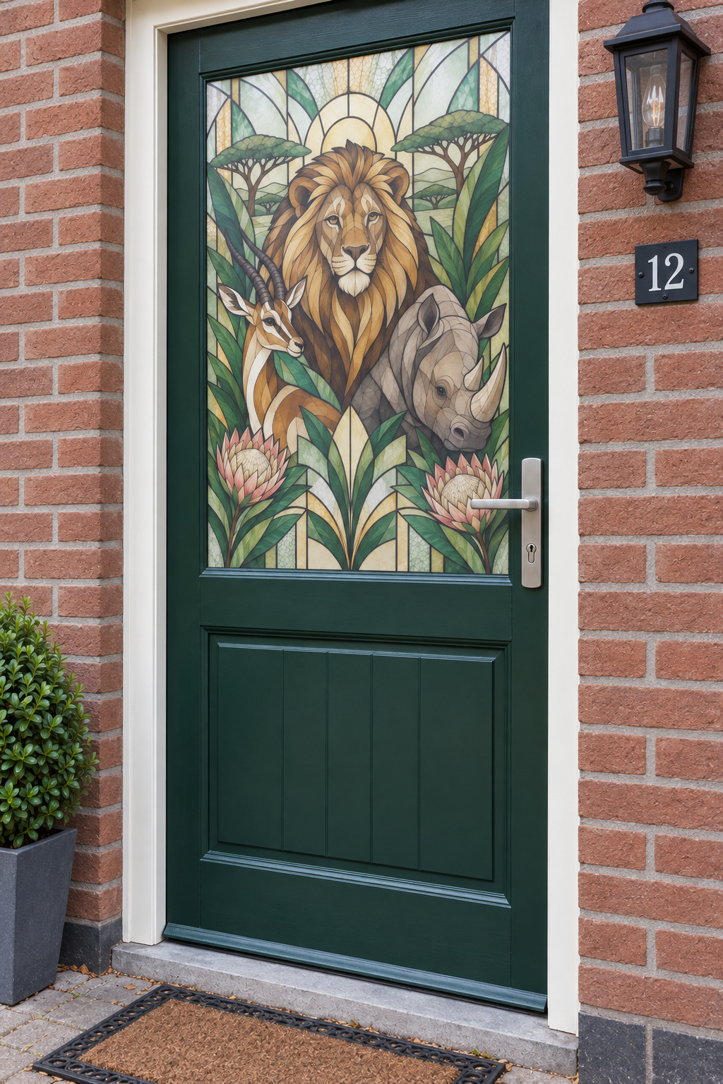 Voordeur met bedrukte matglasfolie Afrikaanse dieren in glas-in-loodstijl, licht schuin aanzicht.