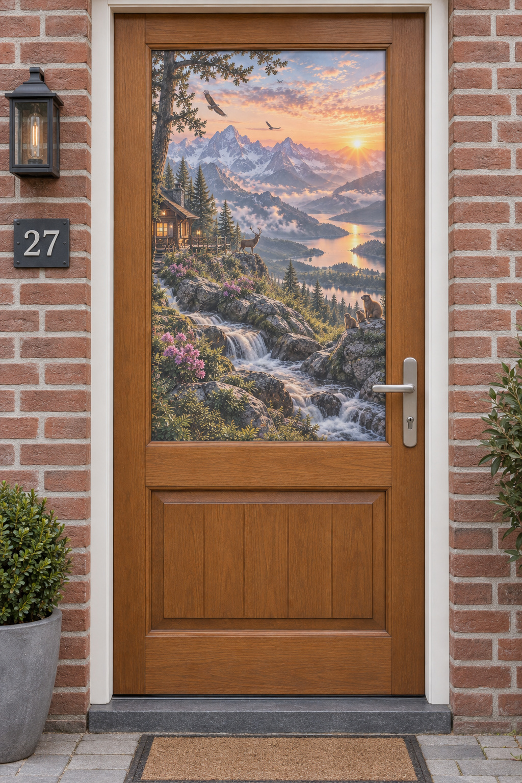 Voordeur met bedrukte matglasfolie bergpanorama met hert en waterval, frontaal aanzicht.