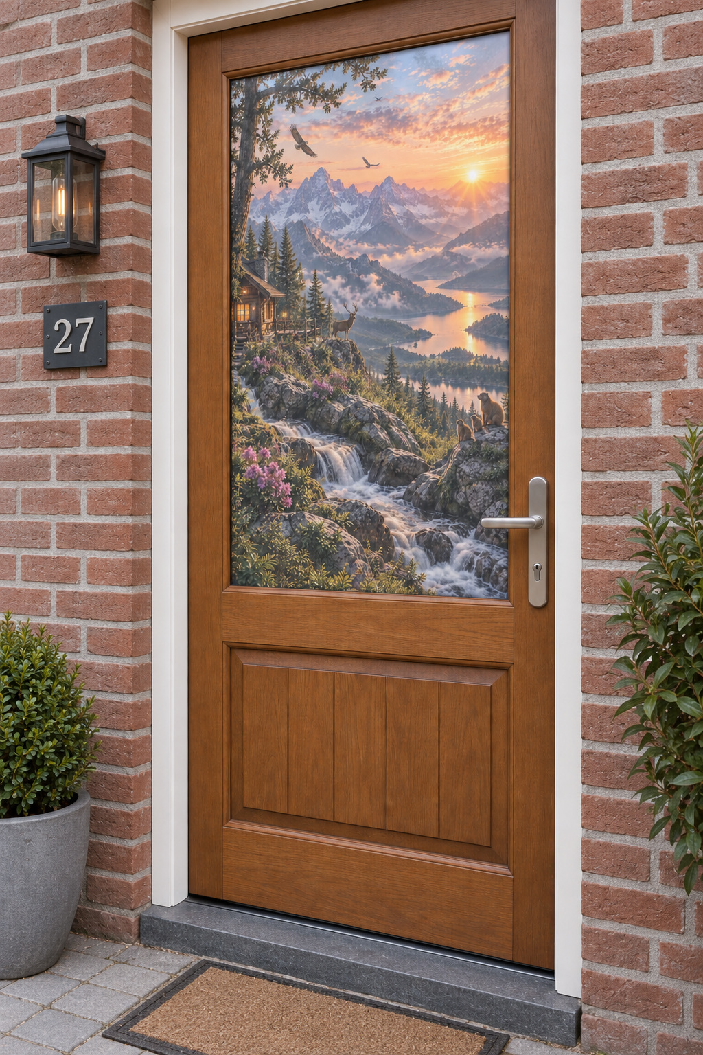 Voordeur met bedrukte matglasfolie bergpanorama met hert en waterval, licht schuin aanzicht.