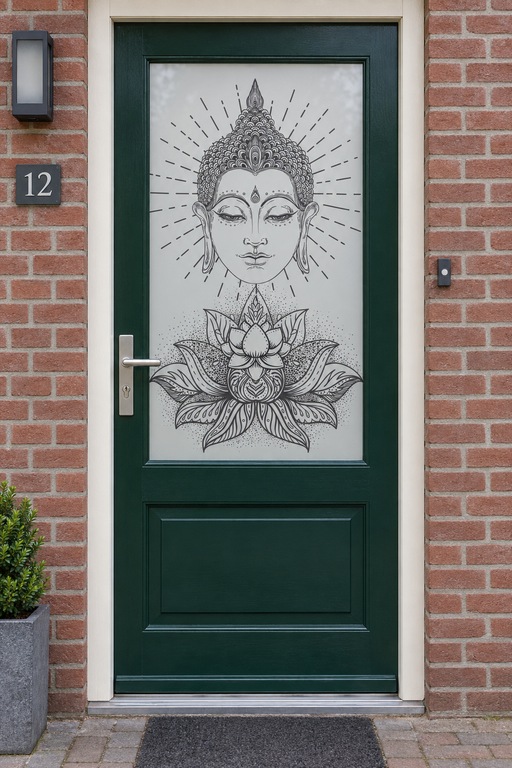 Voordeur met bedrukte matglasfolie boeddha en lotusbloem, frontaal aanzicht.