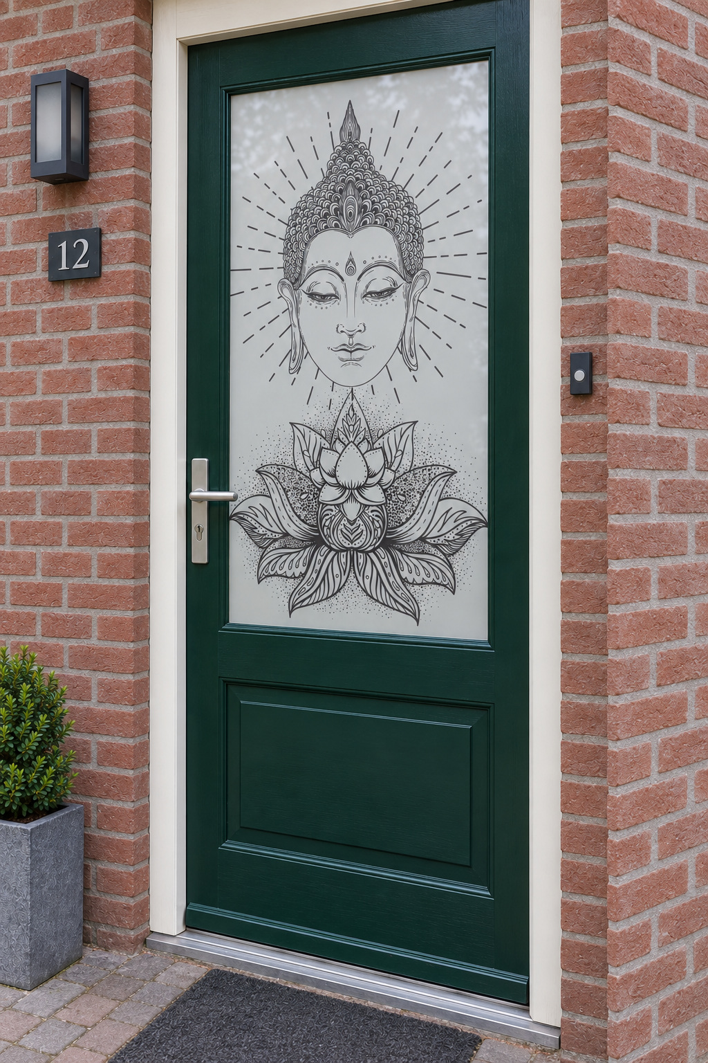 Voordeur met bedrukte matglasfolie boeddha en lotusbloem, licht schuin aanzicht.