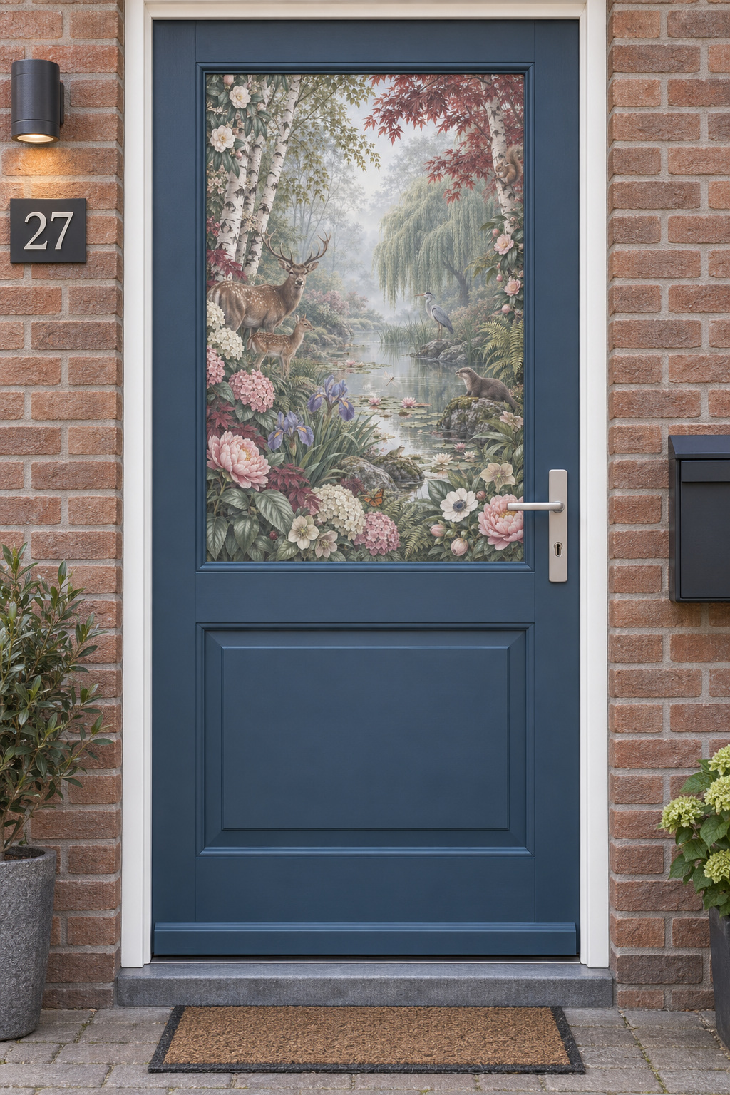 Voordeur met bedrukte matglasfolie bosvijver met herten en bloemen, frontaal aanzicht.