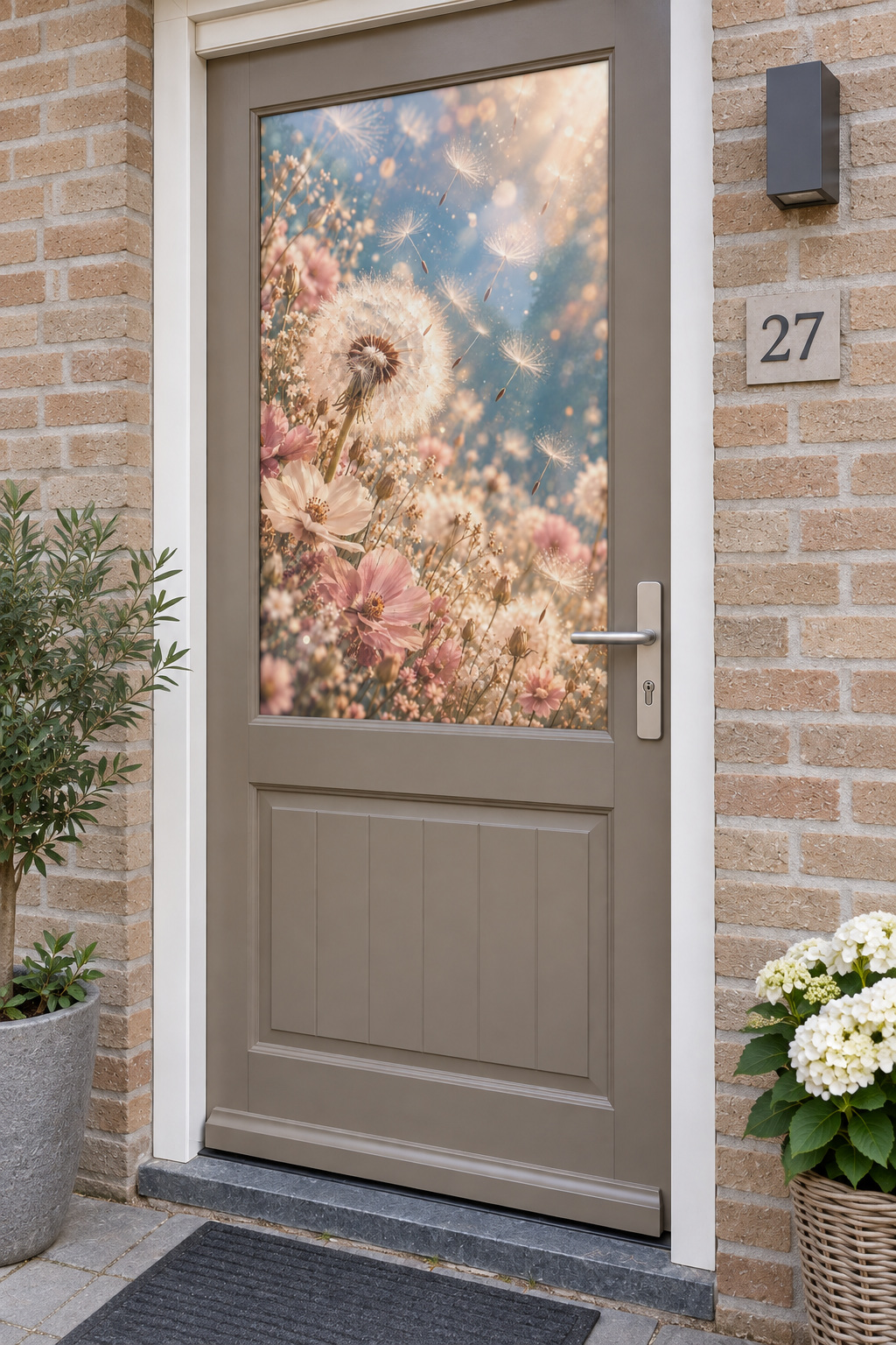 Voordeur met bedrukte matglasfolie Dromerige paardenbloem met veldbloemen, licht schuin aanzicht.