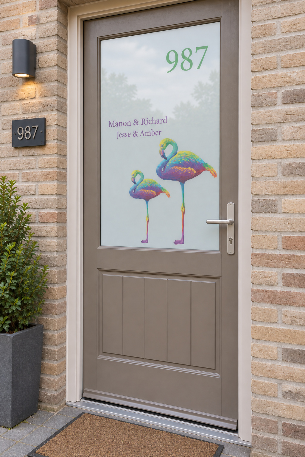 Voordeur met bedrukte matglasfolie flamingo huisnummer en namen, licht schuin aanzicht.