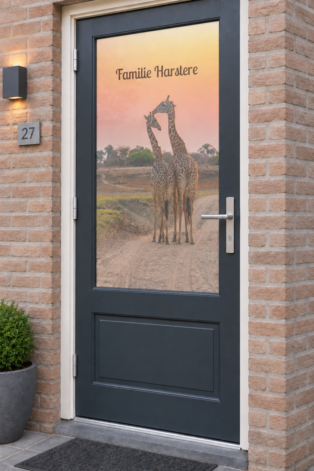 Voordeur met bedrukte matglasfolie giraffen bij zonsondergang met naam, licht schuin aanzicht.