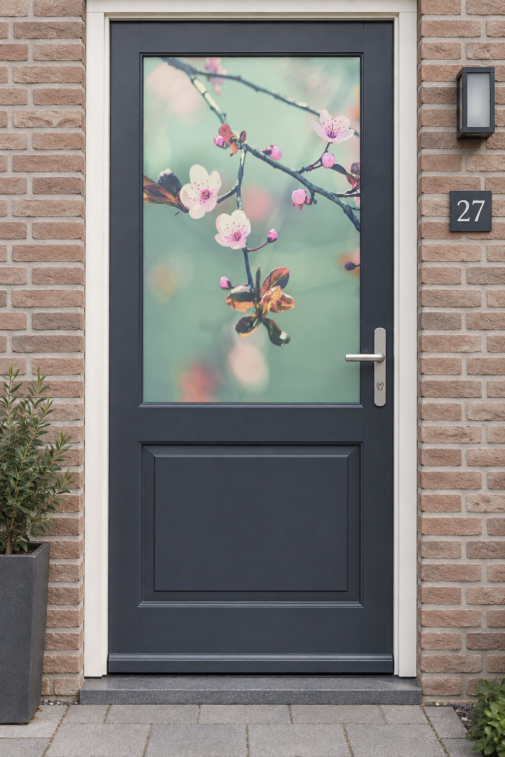 Voordeur met bedrukte matglasfolie japanse bloesem, frontaal aanzicht.