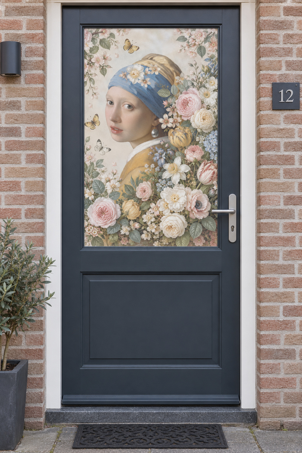 Voordeur met bedrukte matglasfolie Meisje met de parel met bloemen en vlinders, frontaal aanzicht.