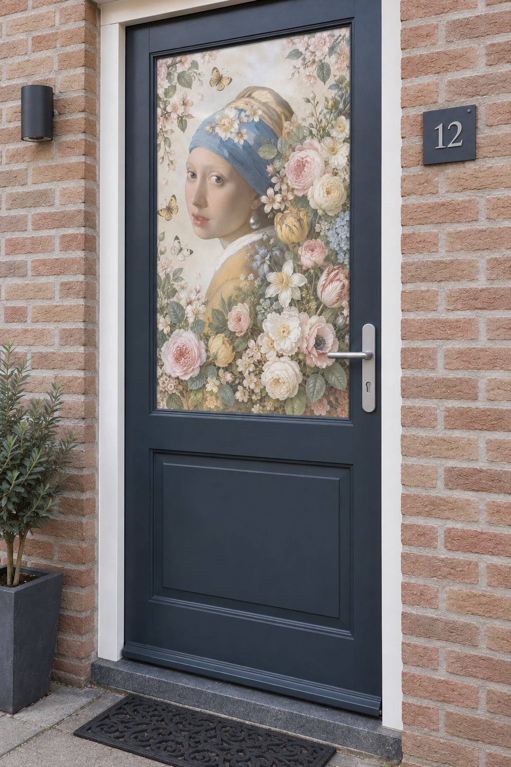 Voordeur met bedrukte matglasfolie Meisje met de parel met bloemen en vlinders, licht schuin aanzicht.