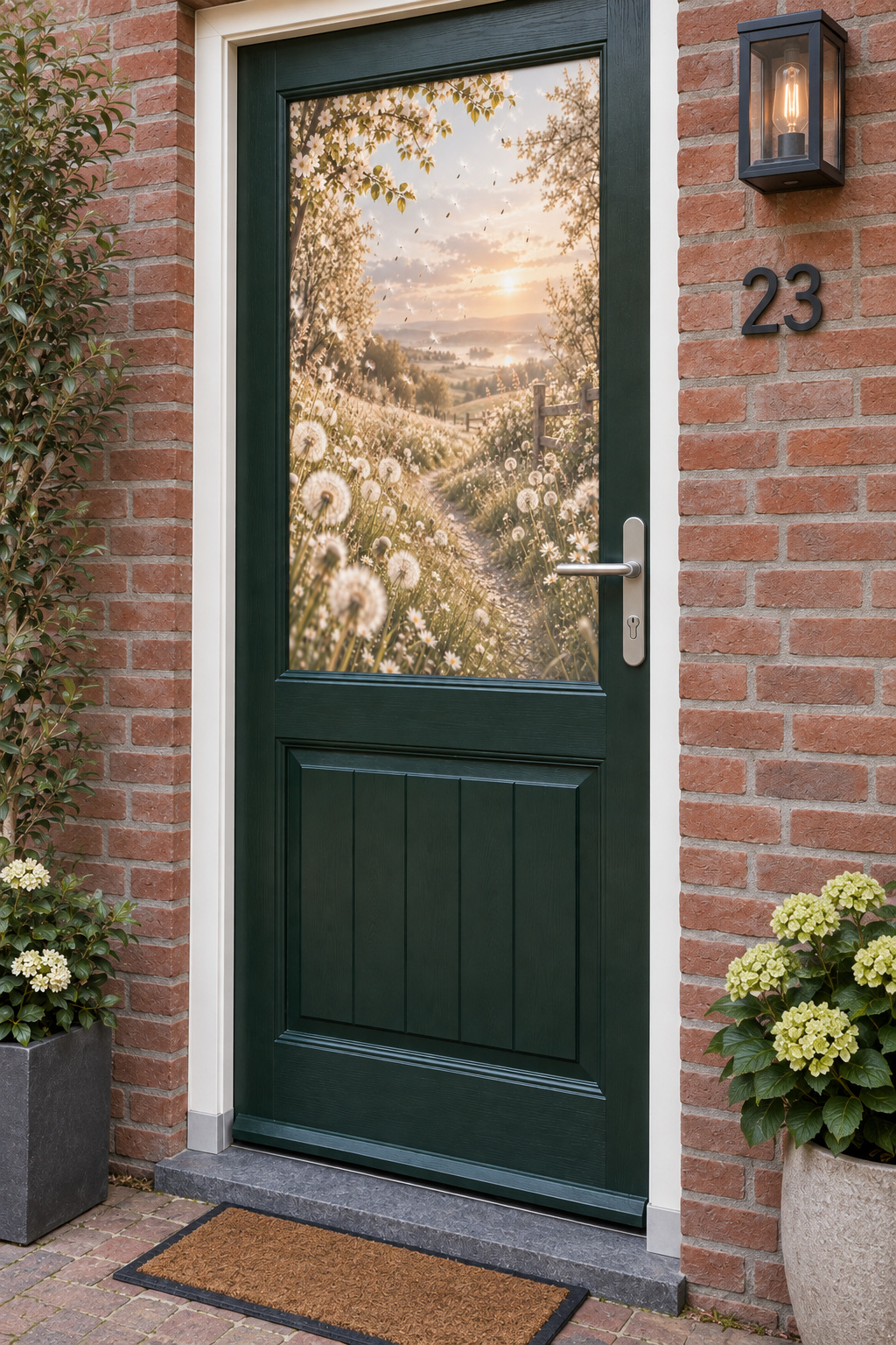 Voordeur met bedrukte matglasfolie paardenbloemen en bloemenweide bij zonsopkomst, licht schuin aanzicht.
