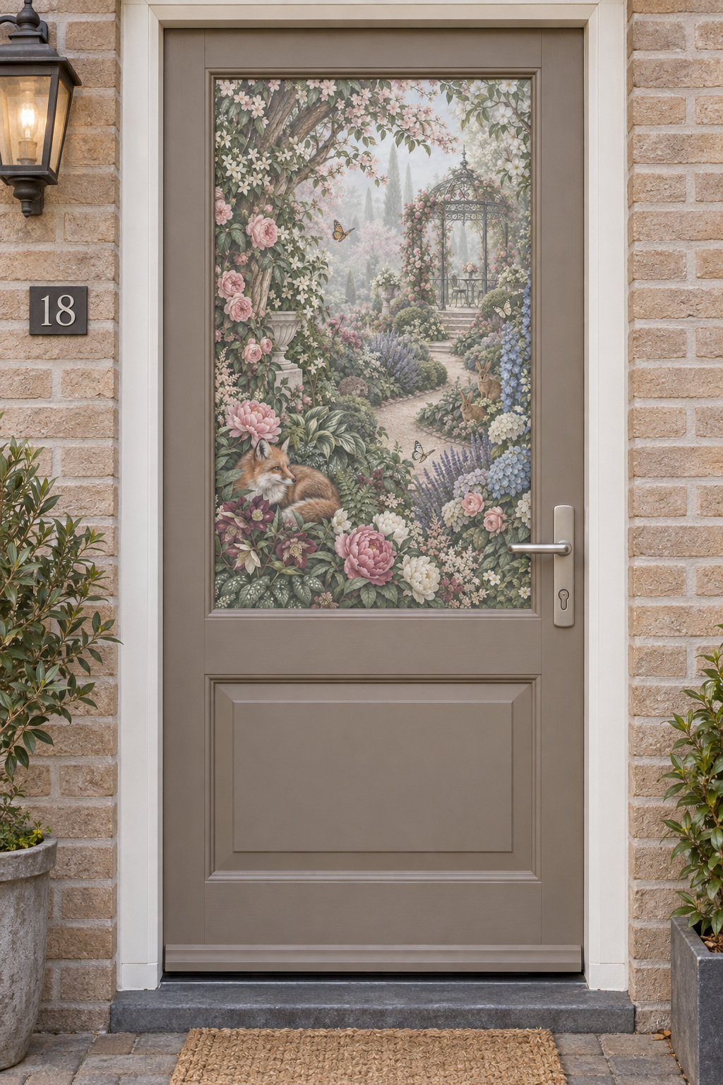 Voordeur met bedrukte matglasfolie romantische bloementuin met prieel, frontaal aanzicht.