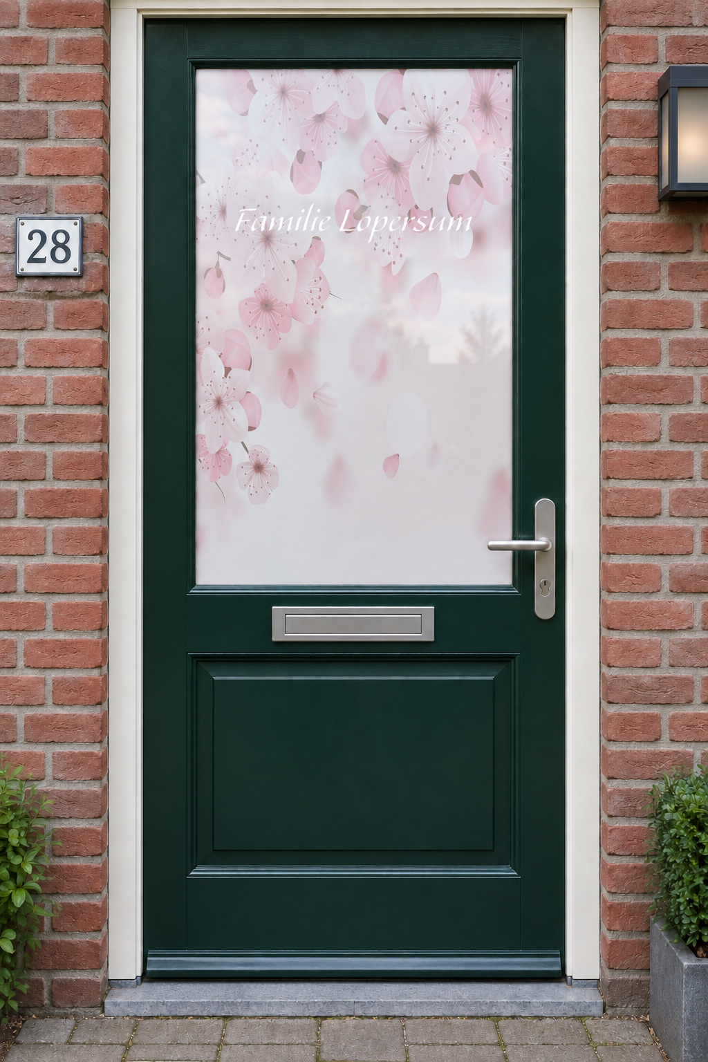 Voordeur met bedrukte matglasfolie roze bloesem en familienaam, frontaal aanzicht.
