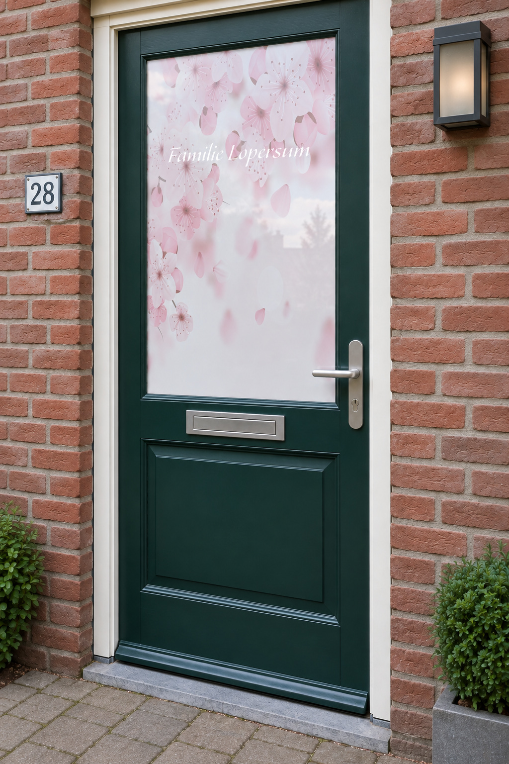 Voordeur met bedrukte matglasfolie roze bloesem en familienaam, licht schuin aanzicht.