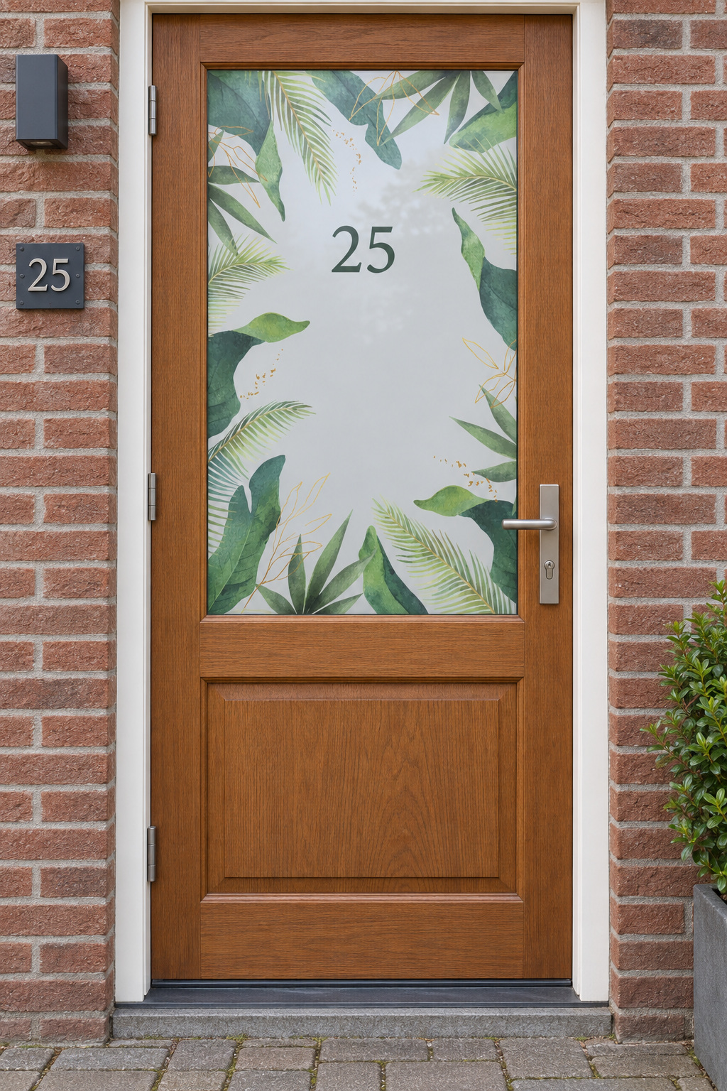 Voordeur met bedrukte matglasfolie tropische bladeren en huisnummer, frontaal aanzicht.