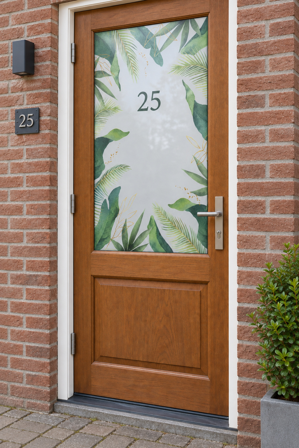 Voordeur met bedrukte matglasfolie tropische bladeren en huisnummer, licht schuin aanzicht.
