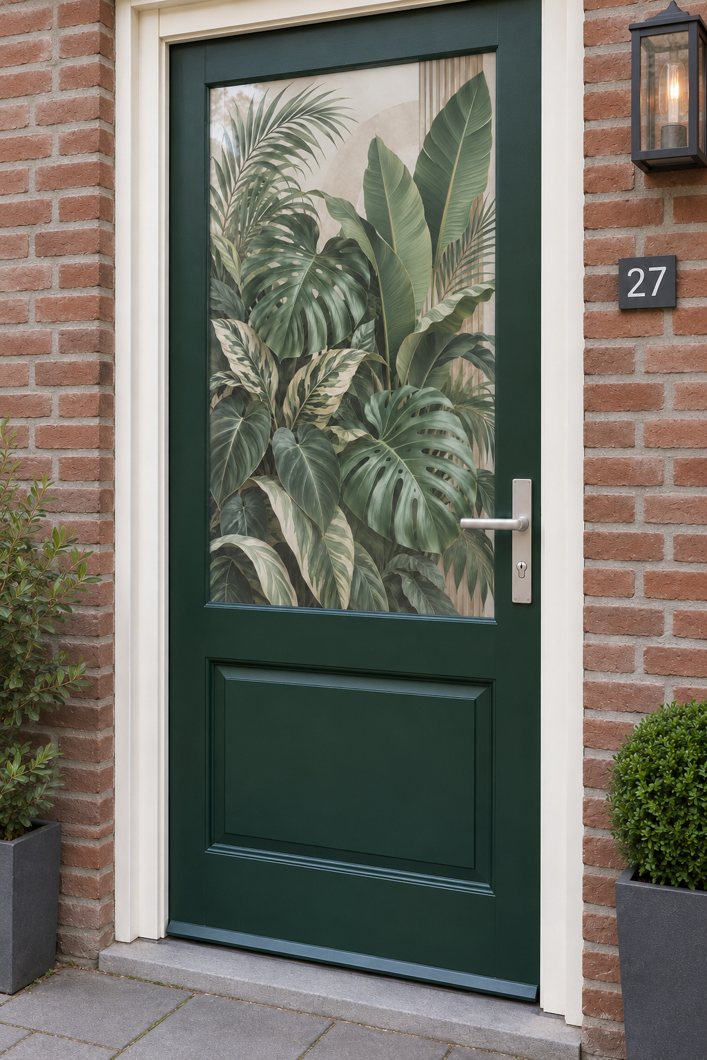 Voordeur met bedrukte matglasfolie tropische bladeren in naturel tinten, licht schuin aanzicht.