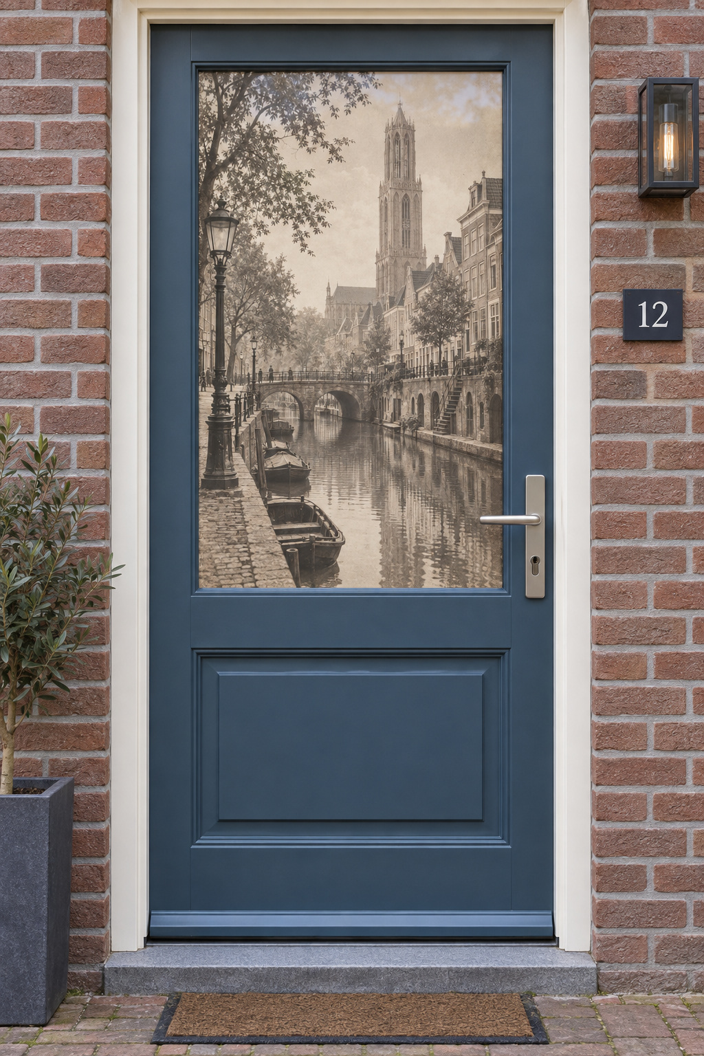 Voordeur met bedrukte matglasfolie Utrecht Oudegracht met Domtoren – oude stadsfoto, frontaal aanzicht.