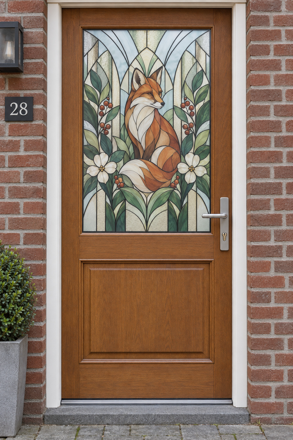 Voordeur met bedrukte matglasfolie vos met bloemen in glas-in-loodstijl, frontaal aanzicht.