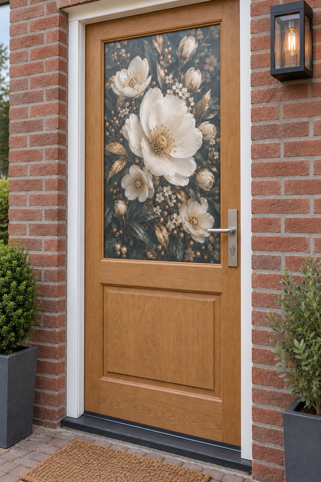 Voordeur met bedrukte matglasfolie witte bloemen met goudeffect, licht schuin aanzicht.