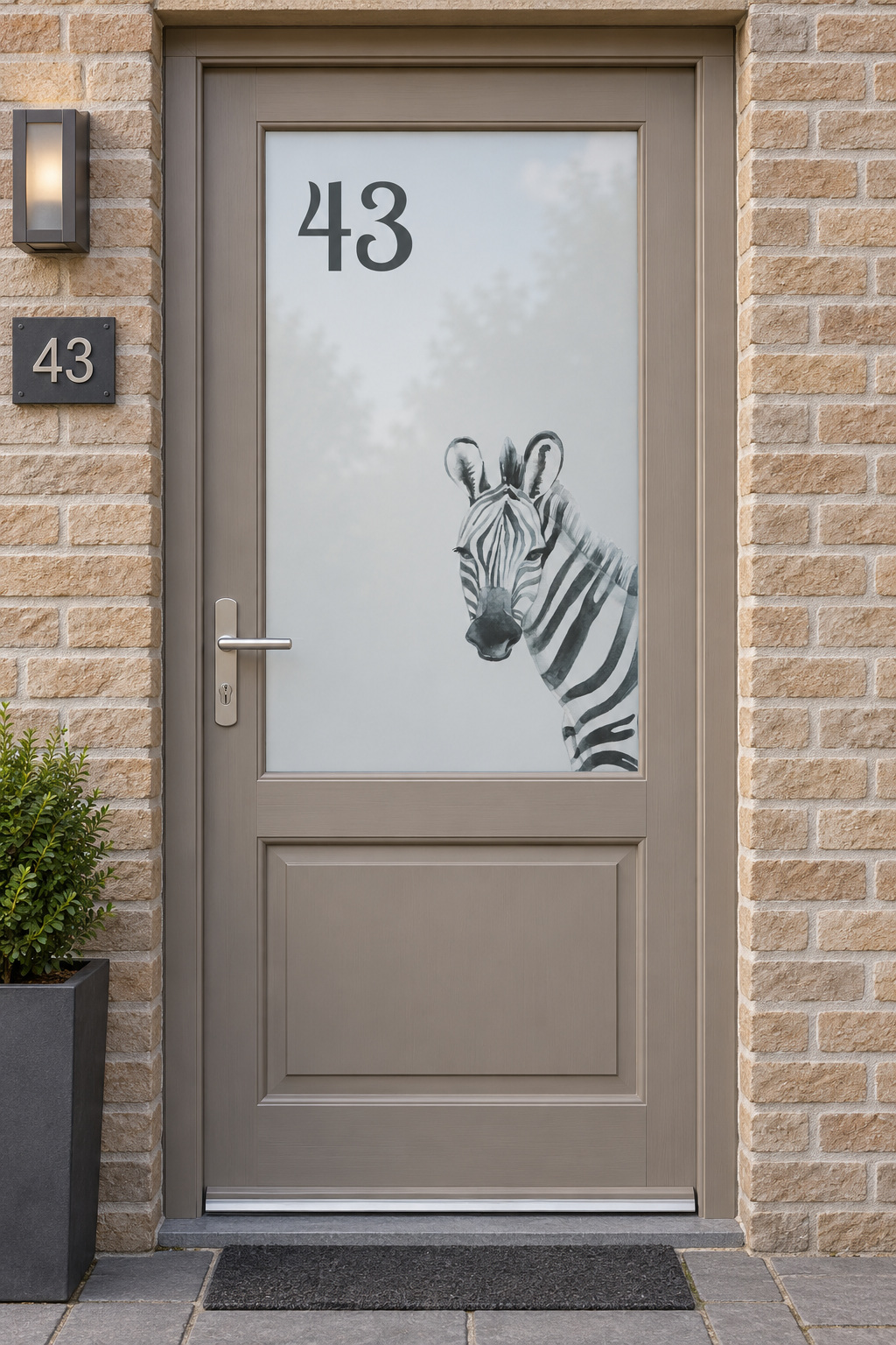Voordeur met bedrukte matglasfolie zebra en huisnummer, frontaal aanzicht.