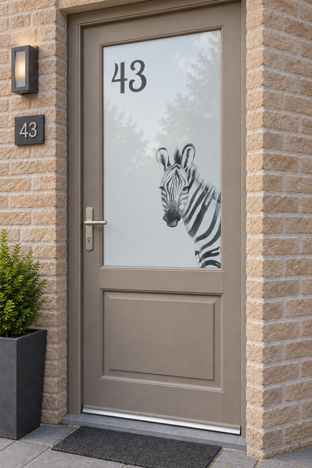 Voordeur met bedrukte matglasfolie zebra en huisnummer, licht schuin aanzicht.
