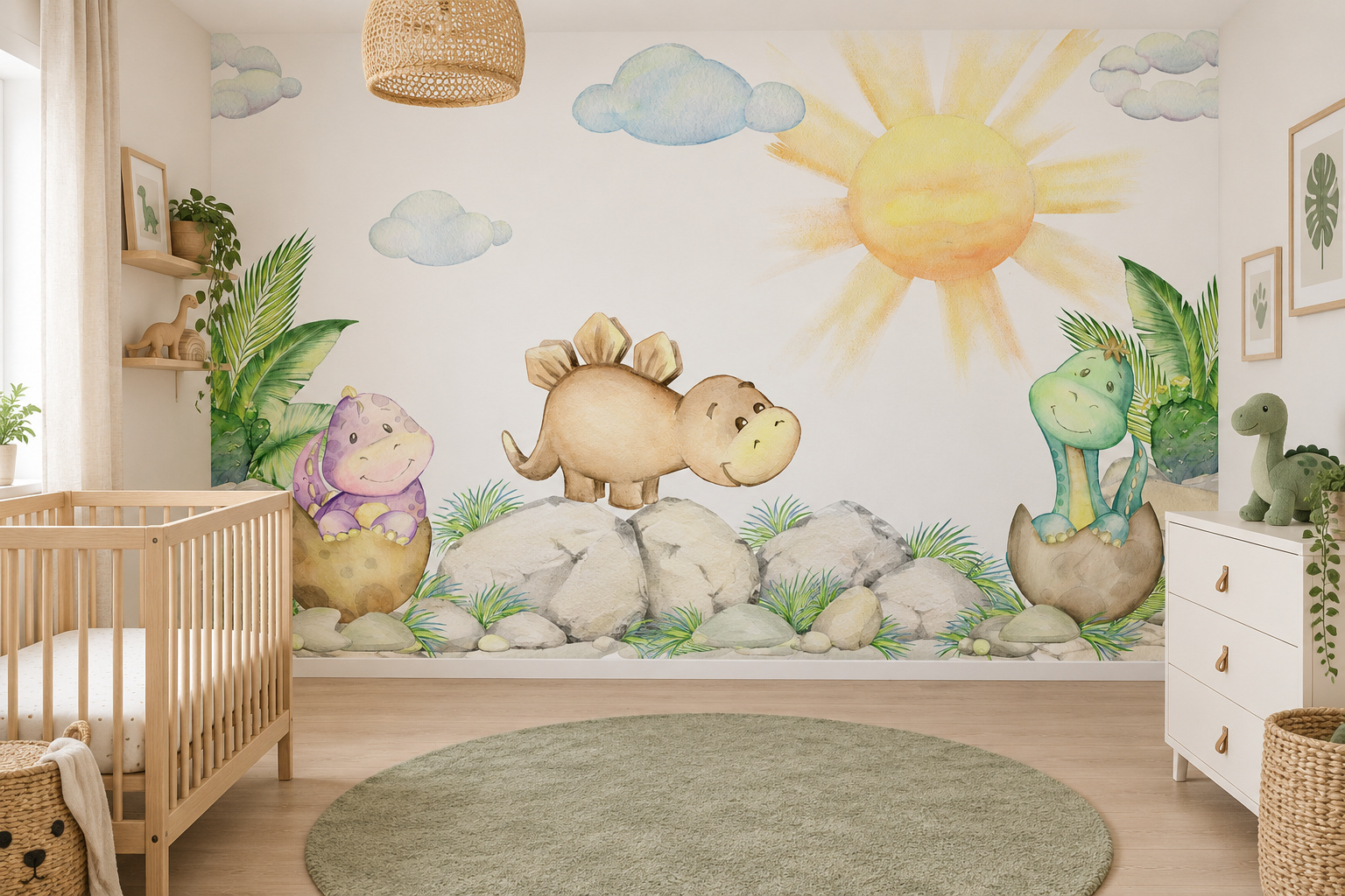 Babykamer met wandvullend fotobehang aquarel baby dino, een eiken ledikant en saliegroen kleed.