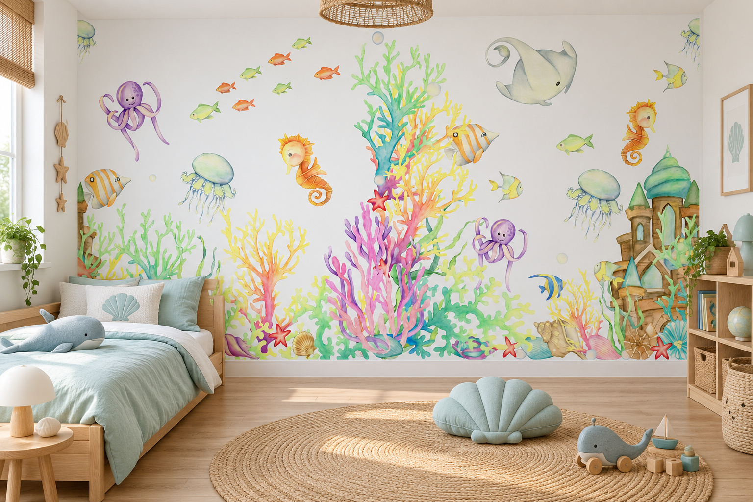 Kinderslaapkamer met wandvullend fotobehang aquarel onderwaterwereld, een laag bed met aquablauw beddengoed.