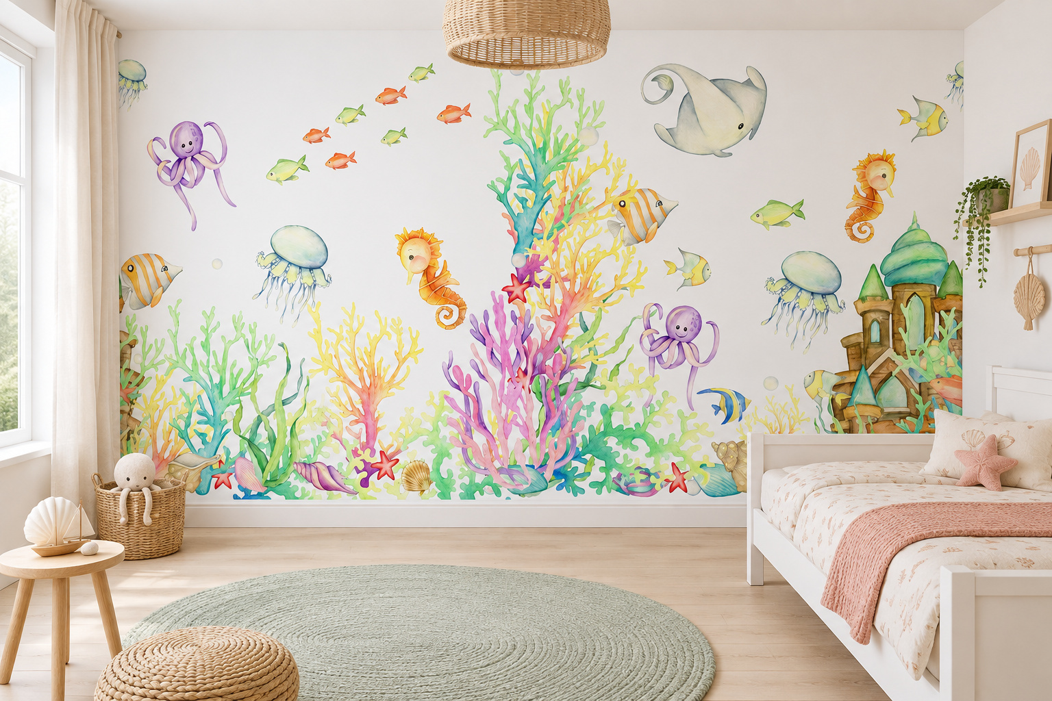 Fotobehang aquarel onderwaterwereld in een lichte kinderslaapkamer met een wit kinderbed en koraalroze accenten.