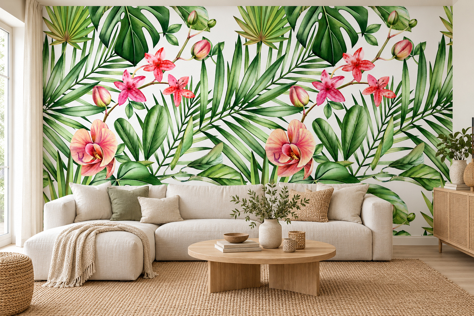 Woonkamer met wandvullend fotobehang van roze orchideeën en groene palmbladeren achter een crèmekleurige bank.