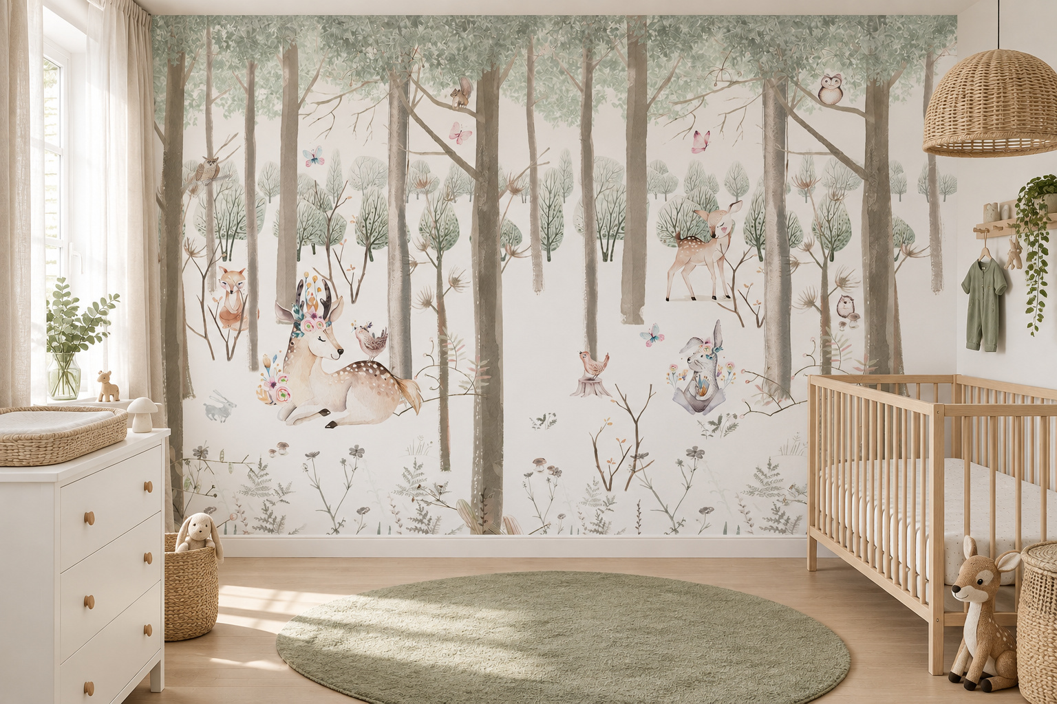 Babykamer met wandvullend fotobehang aquarelbos met herten en konijn, een berken ledikant en mosgroen kleed.