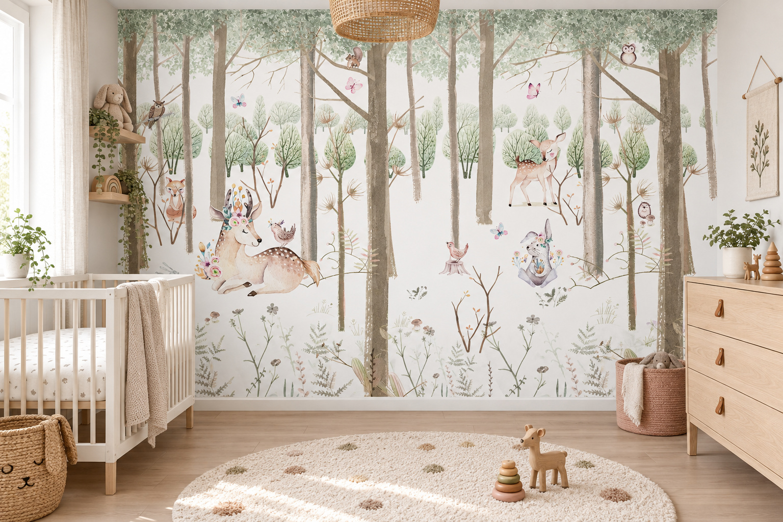 Fotobehang aquarelbos met herten en konijn in een lichte babykamer met een lichte commode en een rond crème kleed.