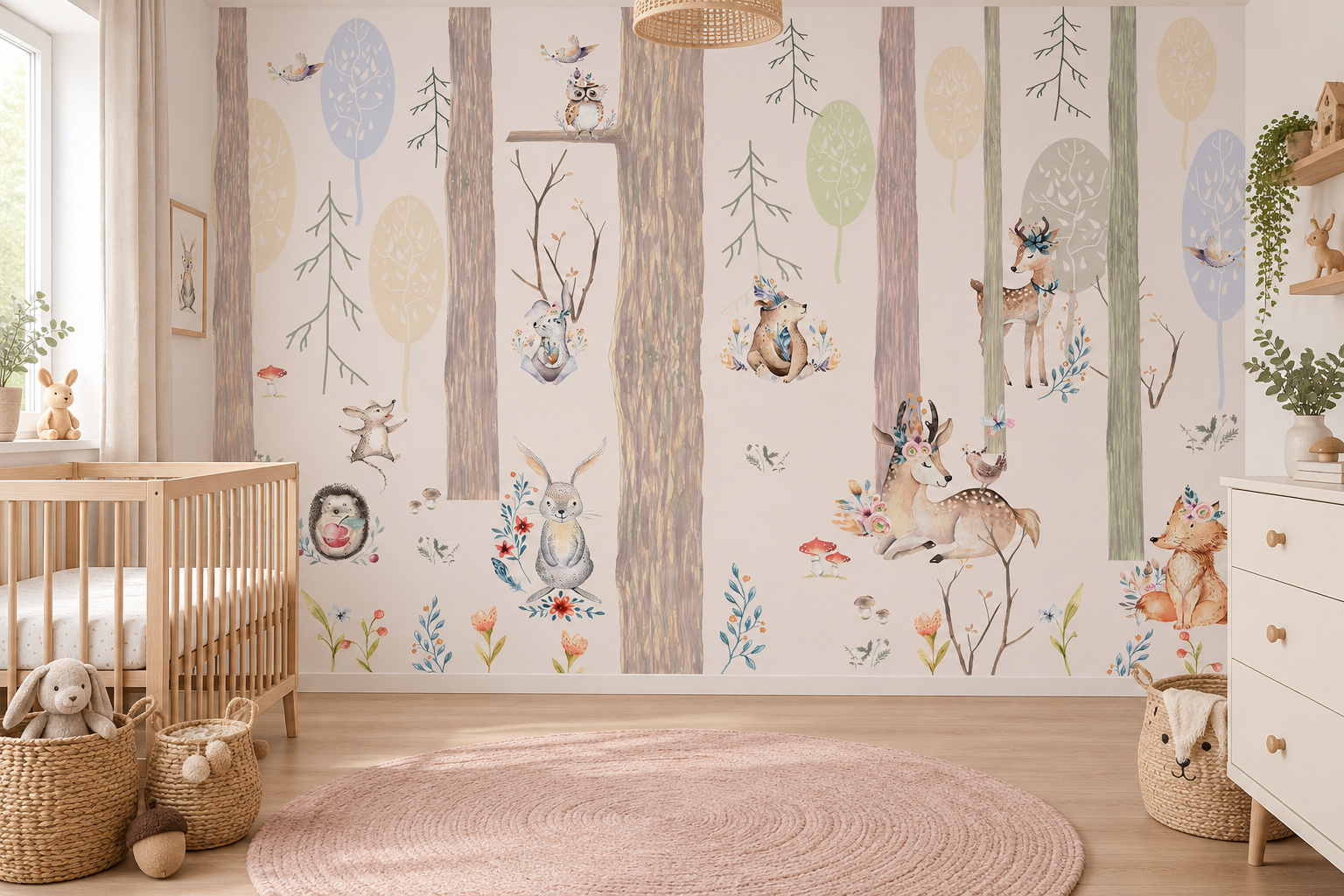 Babykamer met wandvullend fotobehang aquarelbos met lieve bosdieren, een houten ledikant en oudroze kleed.