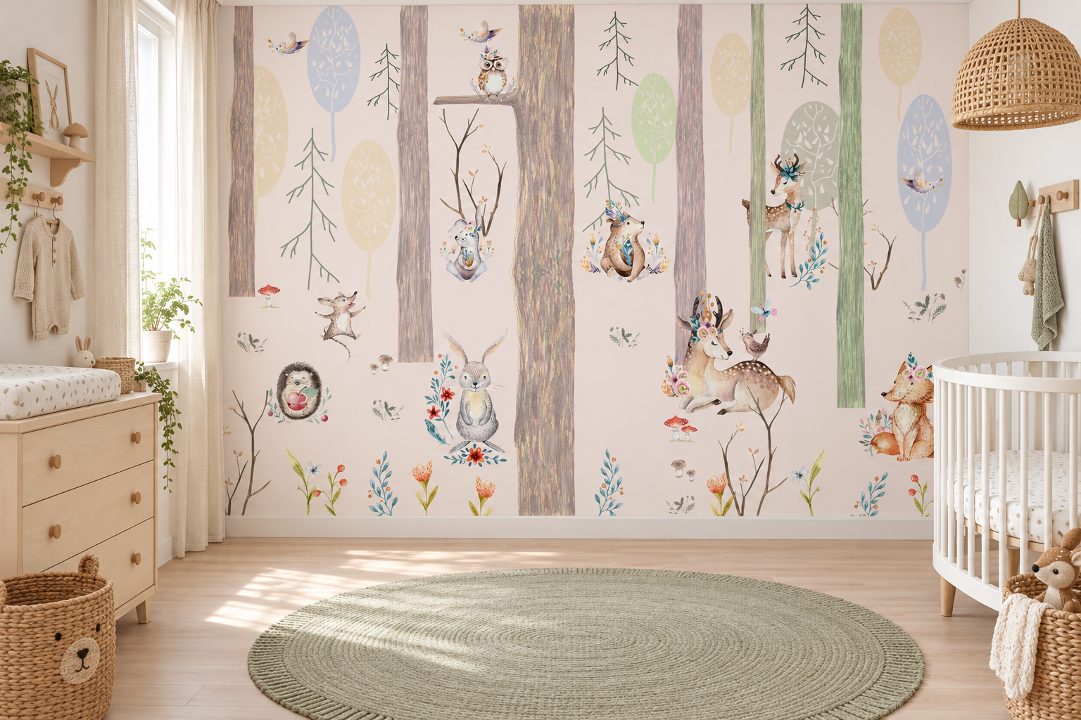 Fotobehang aquarelbos met lieve bosdieren in een lichte babykamer met een witte wieg en saliegroene details.